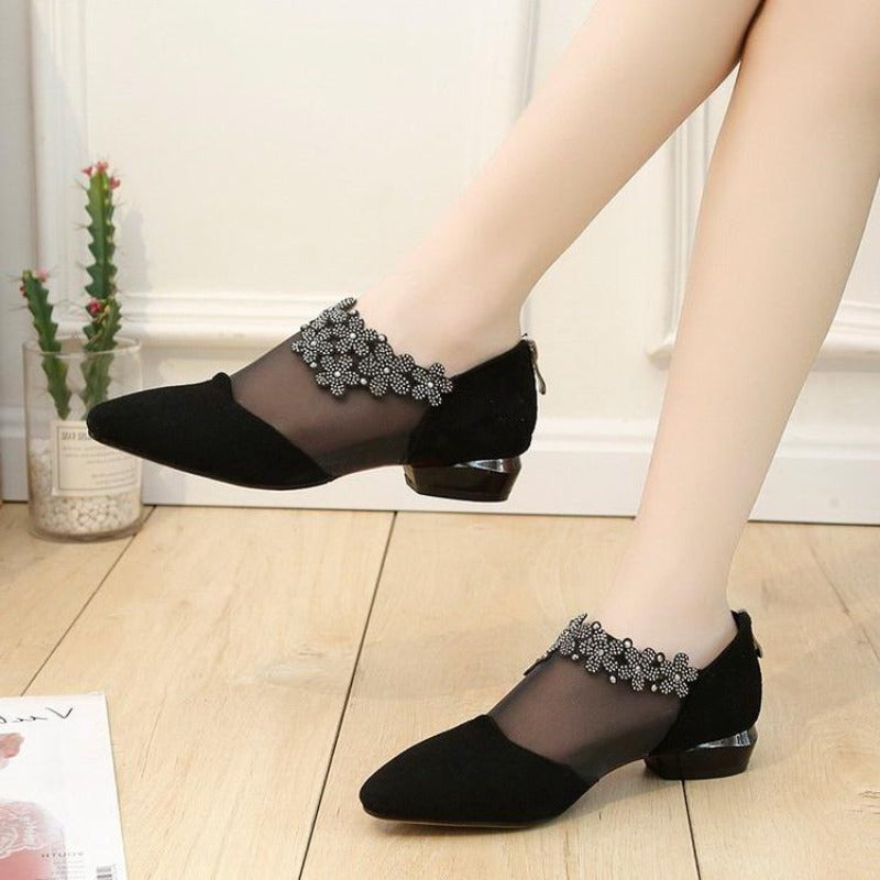 Rhinestone Mesh Low Heels